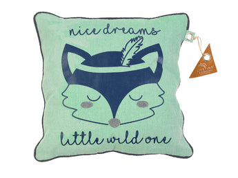 Forest Ranger Square Cushion with Fox print and saying: nice dreams little wild one - Huckleberry Kids Rooms