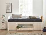 Kids Cabin Bed with storage doors and drawer, made of eco-friendly, non-toxic, solid wood, with paper airplane bedding, sold by Huckleberry Kids Rooms.