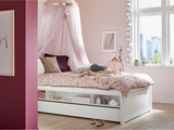 Kids Cabin Bed with Trundle drawer in White with flowers bedding and pink canopy, for girls room - Huckleberry Kids Rooms
