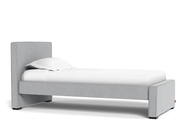 Dorma Kids Bed, in Nordic Grey upholstered fabric, US Twin size, with espresso feet, sold by Huckleberry Kids Rooms 