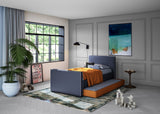 Dorma Jeane, Upholstered Kids Twin Bed, in Navy with Orange Trundle bed, boys room, sold by Huckleberry Kids Rooms