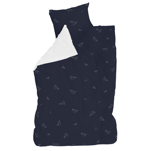 Kids bedding with paper airplane design, reversible duvet cover, made of cotton, dark blue and white, for boys room, sold by Huckleberry Kids Rooms.