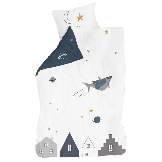 Kids bedding, Space Dreams, made of reversible cotton, with a white and navy print, for a boys room, sold by Huckleberry Kids Rooms