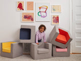 Cubino kids chairs in grey, navy, yellow, pink, orange, with girl in lifestyle image - Huckleberry Kids Rooms