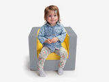 Cubino kids chair in grey and yellow with toddler girl sitting - Huckleberry Kids Rooms